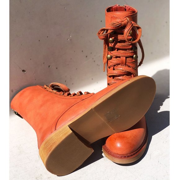 NEW Cognac Orange Laced Up Zipper Back Wooden Heel Mid Calf Ankle Combat Boots - Picture 4 of 13